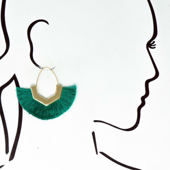 Gold & Teal Boho Fan Tassel Drop Earrings - Picture 2 of 2